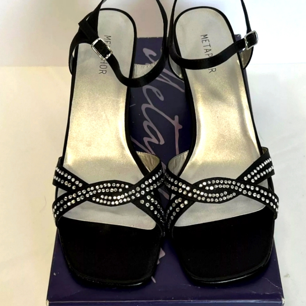 Metaphor Kirsten Black Rhinestone Strappy 8.5 Block Heels